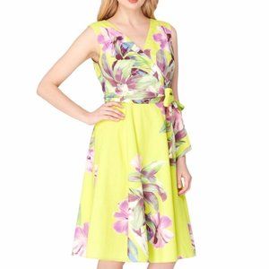 TAHARI Citrine Green Floral Faux Wrap Dress